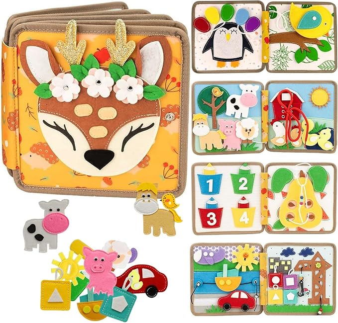 Busy Book for Toddlers 1-3, Montessori Deer Busy Book Toy for Girls, Preschool Learning Book Toy for Kids