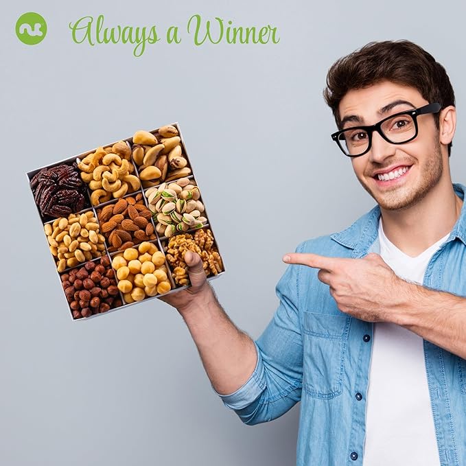 NUT CRAVINGS - Mixed Nuts Gift Basket in White Gold Box (9 Assortments) Food Arrangement, Healthy Snack Care Package, Kosher