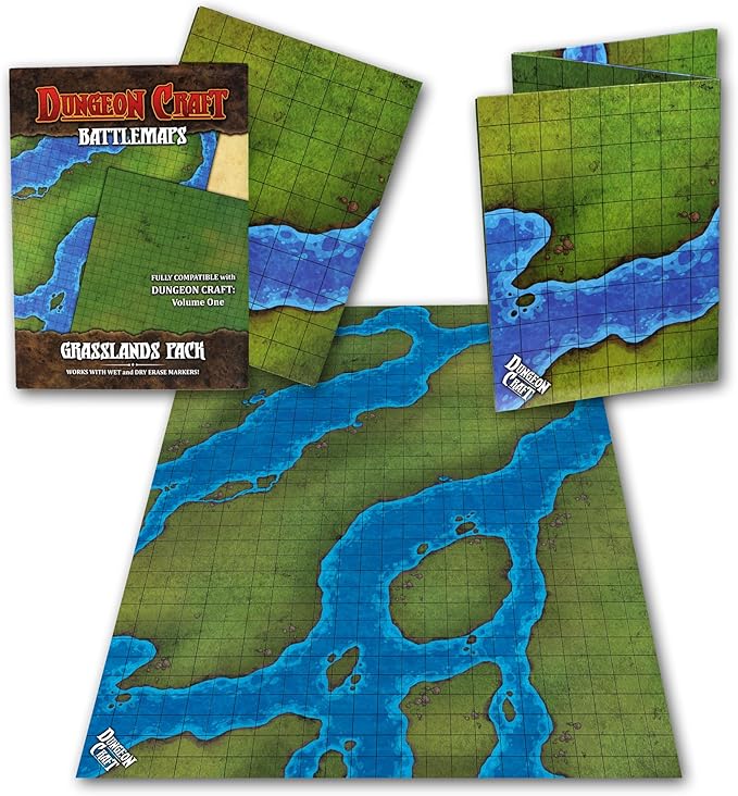 DUNGEON CRAFT Battle Map for DND & RPG – Double-Sided Gloss Laminated 24"x33" Mat with 1" Grid – Wet/Dry Erase Tabletop Terrain – Grasslands Pack