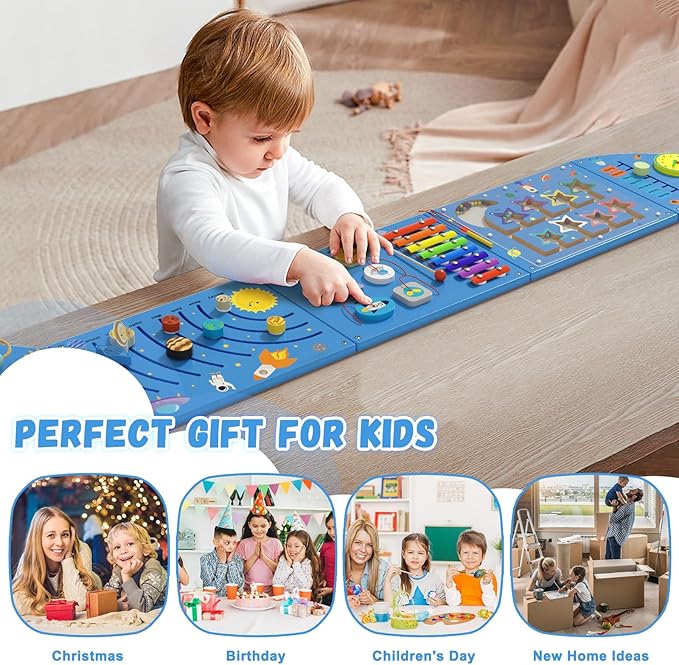 Rocket Sensory Wall Panel - Montessori Toddler Activity Cube, Blue