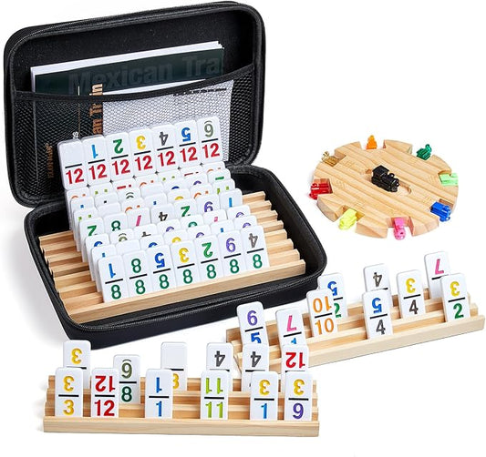 Mexican Train Dominoes Set with 4 Wooden Trays/Racks and Portable Carrying Case,Travel Colorful Double 12 Dominoes - 91 Numbered Tiles,for Kids and Adults