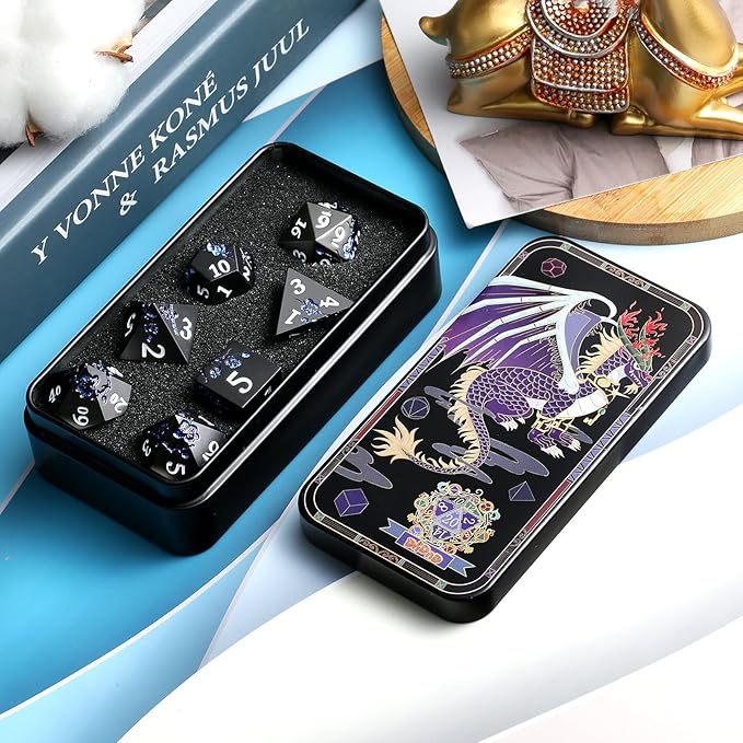 Glitter Blue D&D Metal Dice, DNDND 7 PCS Flower Metallic DND Dice Set with Gorgeous Gift Case for Dungeons and Dragon Tabletop Game (Matte Black with Glitter Blue Flower)