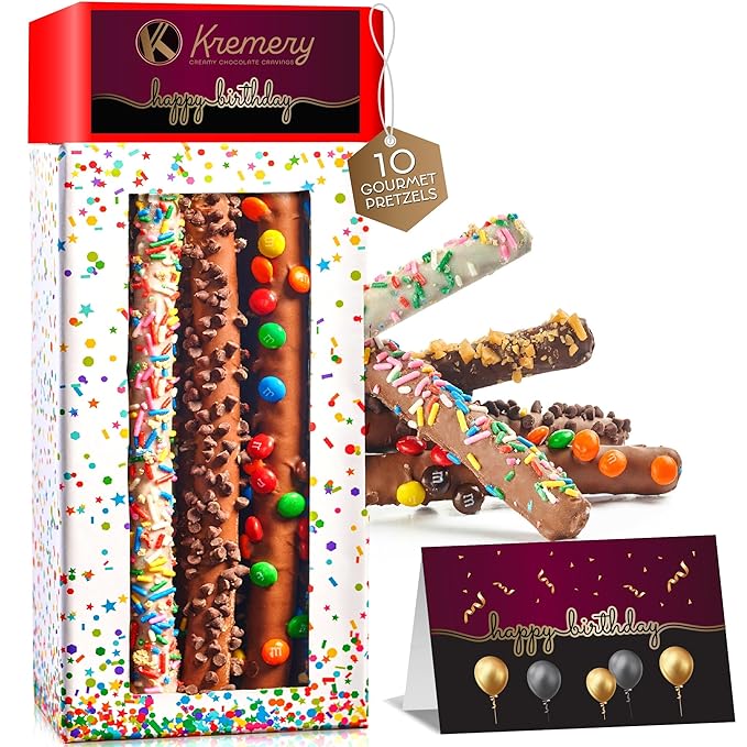KREMERY Creamy Chocolate Cravings - Birthday Treats, Chocolate Covered Pretzel Rods Gift Basket, in Confetti Tower + Greeting Card (10 Pretzels, Assorted Sweet Toppings) Kosher Dairy, USA Made