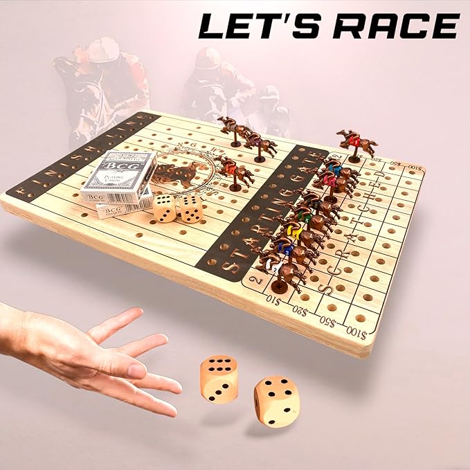 New Metal Horses Race Board Game With 11 Horses, 2 Dice and 2 Card Boxes - Thick Luxurious Wood Chessboard - Adult Party and Family Game Night