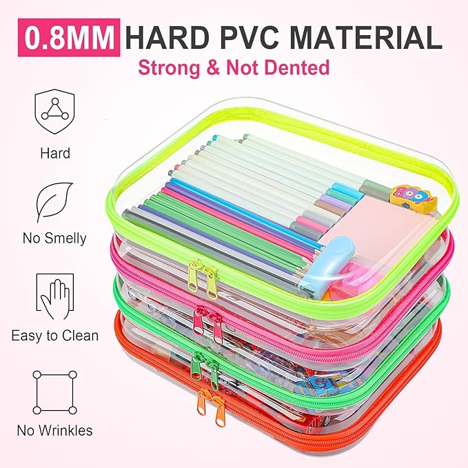 Hoolerry 4 Pcs Hard Clear Zipper Case Transparent Cases for Snacks Makeup Bag Plastic Storage Box Containers for Building Blocks, Puzzles, Cosmetics (Fluorescent,9.8 x 7.9 x 2 in)