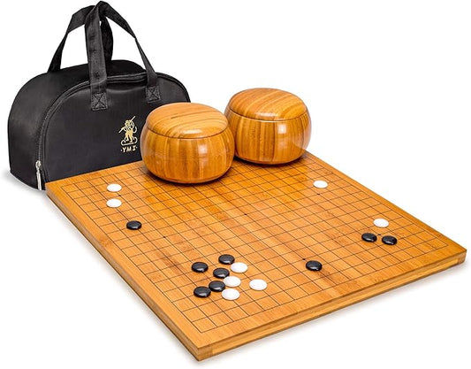Yellow Mountain Imports Bamboo 0.8-Inch Reversible 19x19 / 13x13 Go Game Set Board with Single Convex Melamine Stones and Bamboo Wood Bowls Set - Classic Strategy Board Game (Baduk/Weiqi)