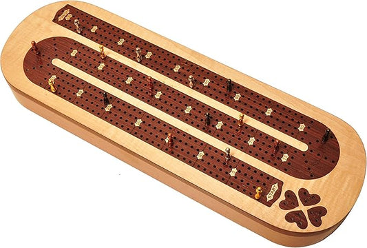 PALM ROYAL HANDICRAFTS 4 Track Wooden Cribbage Board Set Inlaid in Rosewood and Maplewood with pegs and Cards. Storage Available. 4 Player Cribbage Board (15 x 5 Inches)