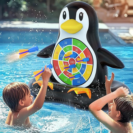 MOONTOY Pool Toys for Kids, Inflatable Penguin Dart Board Game, Pool Games for Beach & Backyard, Summer Water Toys for Boys Girls Ages 6-12, Teens & Adults (Pump Included)