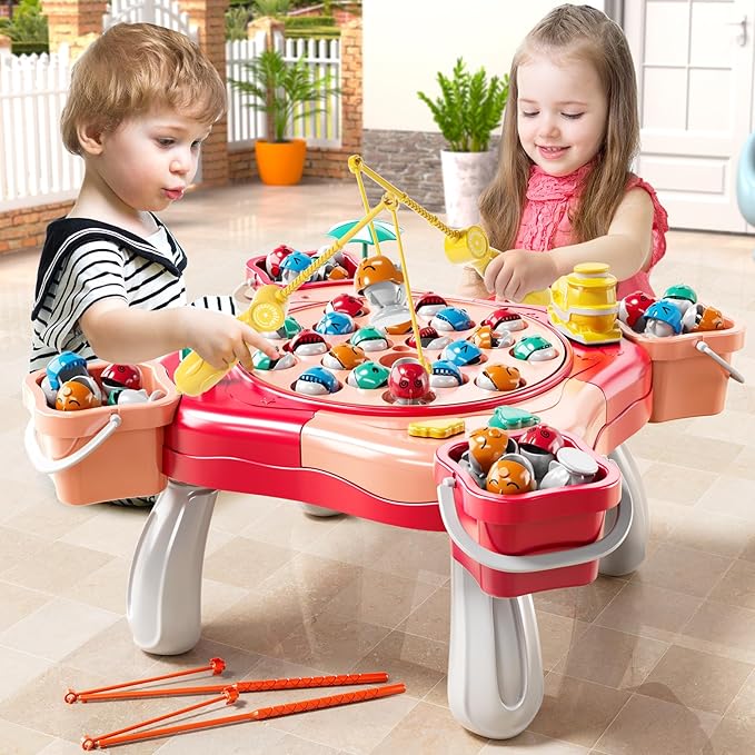 Magnetic Fishing Game Toys, Rotating Board Game with Music Including 48 Fishes and 8 Fishing Poles, Party Game Toys for Kids Age 4 5 6 7 8 and Up