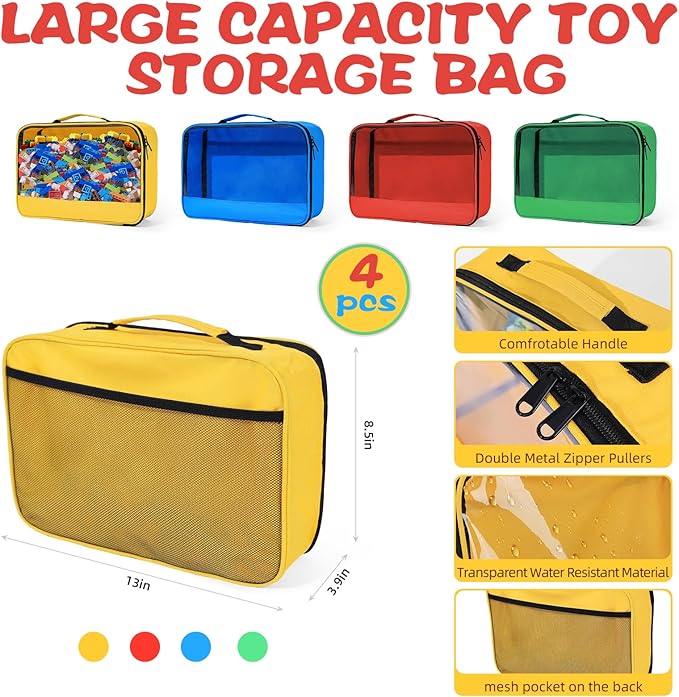 4 PCS Toy Storage Bags, Clear Toy Organizer Bags, Toy Bag with Visible Top& Handle, Portable Travel Case for Building Blocks, Toys, Puzzles, Dolls,Crafts, Magnetic Tiles