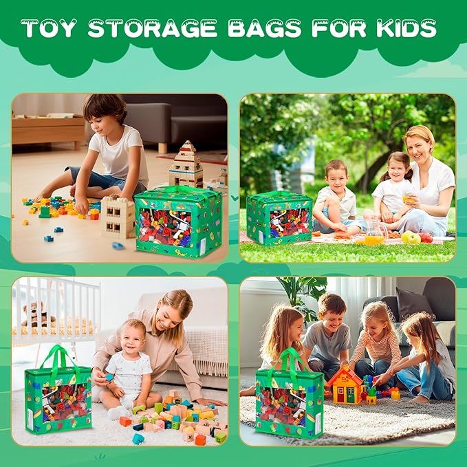 4 Pack Waterproof Toy Storage Bags with Labels,Include 1 Pcs Extra Large and 3 Pcs Large Bags,Oxford Cloth Toy Storage Pouch,Portable Trave Toy Organizer for Board Game, Building Blocks, Puzzle