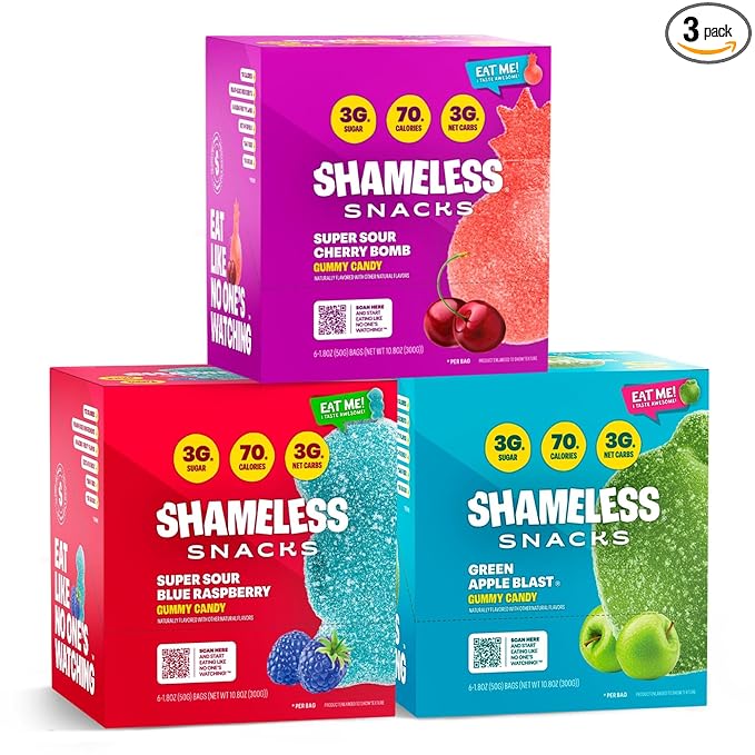 Shameless Snacks Sour Flavors Bundle Healthy Low Carb Keto Gummies Cherry Bomb, Blue Raspberry and Green Apple