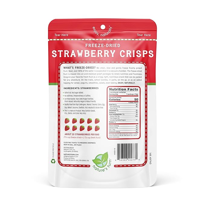 Nature’s Turn Freeze-Dried Strawberry Crisps – Healthy, Gluten-Free, Crispy & Delicious, Plant-Based Snack, Ideal for Cereal, Smoothies, School Lunches, & On-the-Go, Pack of 6 (0.53 oz Each)