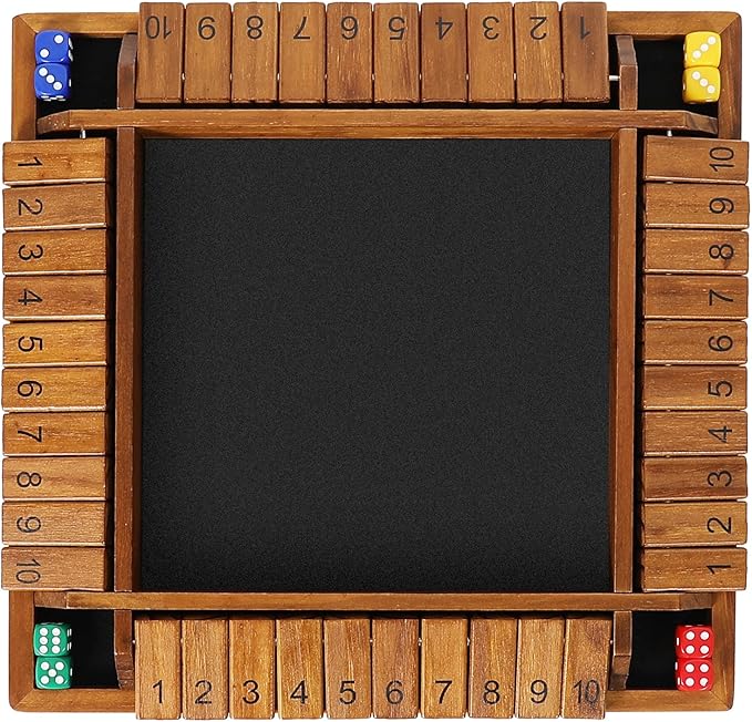 VAMSLOVE Upgraded 14 inches Shut The Box Dice Game Wooden Board Table Math Game with 8+4 Dice for 2-4 Player 4-Sided 10 Number Close The Box for Kids and Adult-Instruction Included