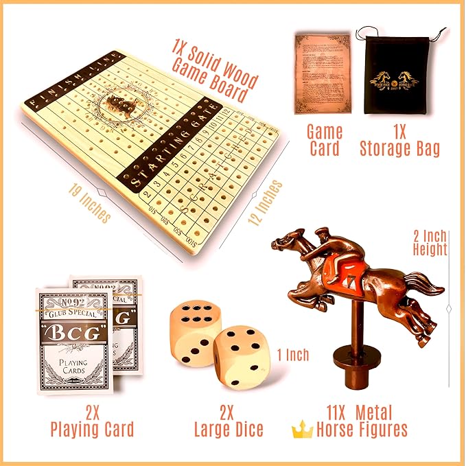 New Metal Horses Race Board Game With 11 Horses, 2 Dice and 2 Card Boxes - Thick Luxurious Wood Chessboard - Adult Party and Family Game Night