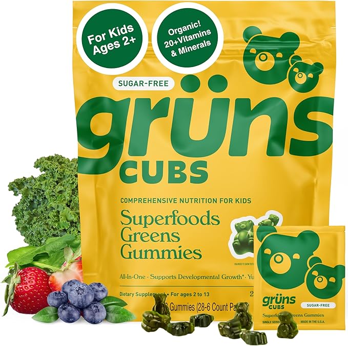 Gruns Kids Vitamins, Super Greens Gummies, Sugar-Free Superfood Gummy Bears With Spirulina, Chlorella, Prebiotics Fiber for Digestive Health, Adaptogens Supplement, 20 Vitamins & Minerals, 28 day Pack