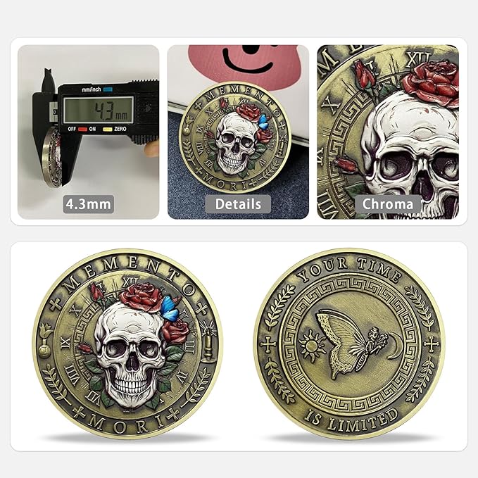 Memento Mori Coin Momento Mori Coin Skull Coin Stoic Gifts Memento Mori Calendar Living Memento Mori Amor Fati Coin (Moth Rose Skull)