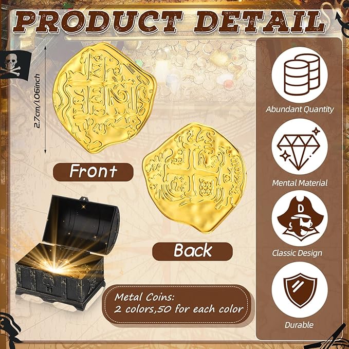 Hanaive 100 Pcs Metal Pirate Coins Bulk Gold Fake Coins Spanish Doubloon Tokens for Kids Board Games Pirate Party Cosplay(Irregular)