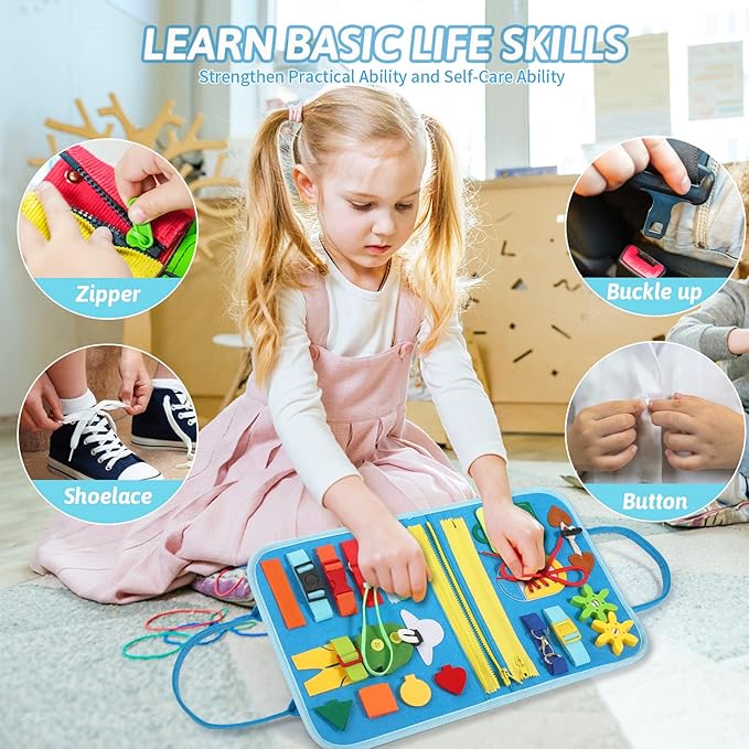 Toddler Busy Board for 1 Years Old, Montessori Learning Toys Busy Book for Toddlers 1-3 Educational Activity Basic Dress Motor Skills, Kids Birthday Gift for 2-4 Boy Airplane Car Travel Essentials