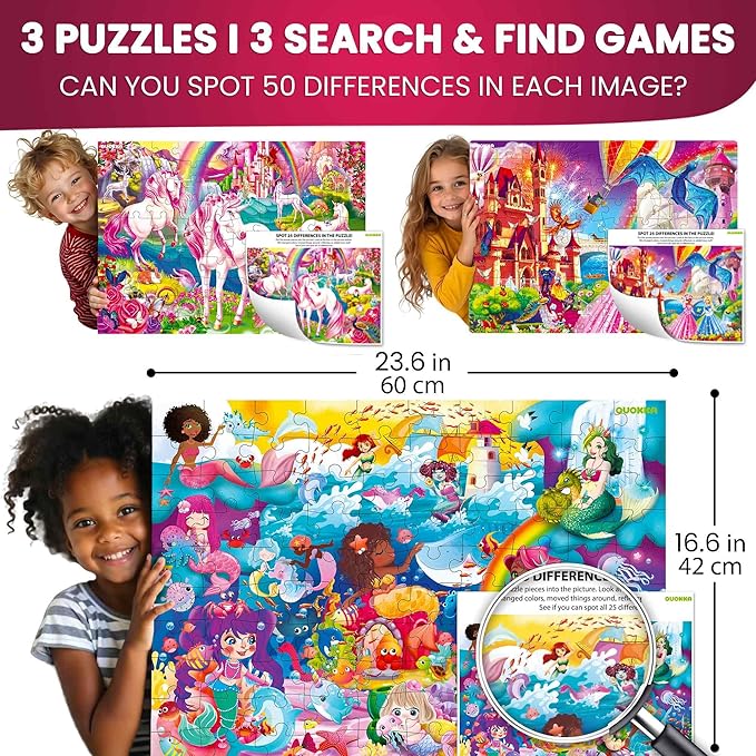 QUOKKA 100 Piece Puzzles for Kids Ages 8-10 – 3XSET Puzzles for Kids Ages 4-6 – Search & Find Mermaids Unicorns Kid Activities Included for 5-8 Year Old – Toddler Learning Toy Game Gift for Girls