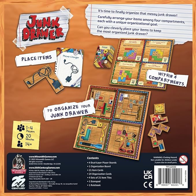 Junk Drawer , Organize Your Drawers with Household Themed Items , Strategy Board Game 1 to 4 Players - 25th Century Games