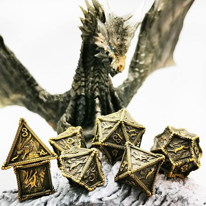 HAOMEJA Dice DND Metal Dragon Set Dice 7 Role Playing Dice D&D Solid Dice Dungeons and Dragons (Ancient Brass)