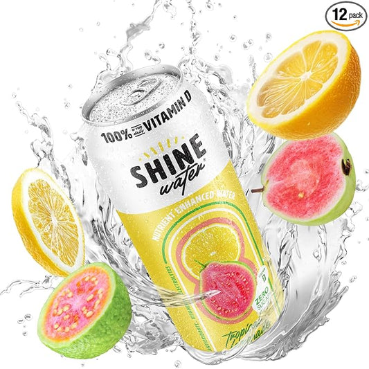 ShineWater Vitamin D Hydration Electrolyte Drink - Flavored water with electrolytes, Sugar-Free, Magnesium, Zinc, Vitamin B12, Plant-Based, Low Calorie - Tropical Lemonade Fruit Water 12 Pack