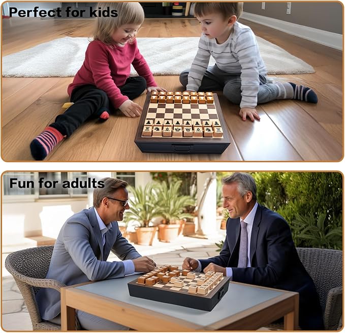 Unique Wooden Chess Set for Kids Adults, 12.5 Inch Chess Board Game with 2 Built-in Storage Drawers, Handmade Chess Pieces, 2 Extra Queens-Chess Table for Beginner/Home Decor