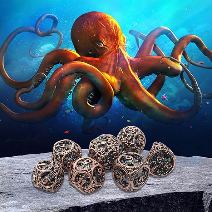 DND Dice,Hollow D&D Metal Dice,Unique Round Ball Design Octopus Dice with Gift Box for Dungeons & Dragon Gaming,7 PCs Steampunk Polyhedral D and D Dic(Ball Octopus red Copper)