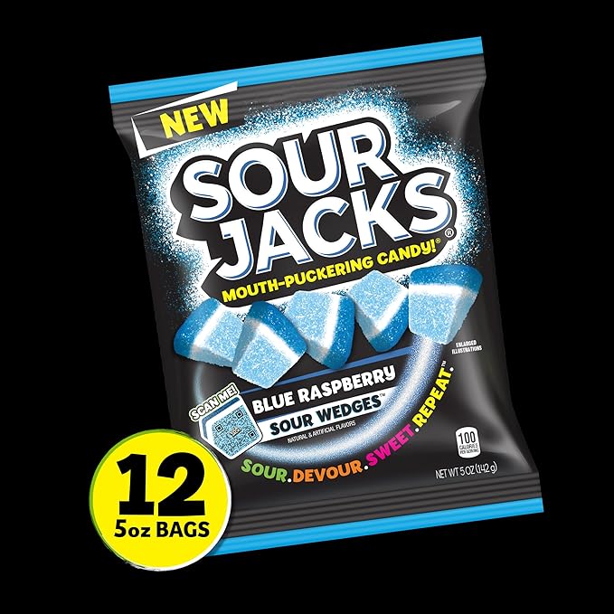 SOUR JACKS, Sour Gummy Wedges, Blue Raspberry Flavored Candy, 5oz Bag (12 Pack)