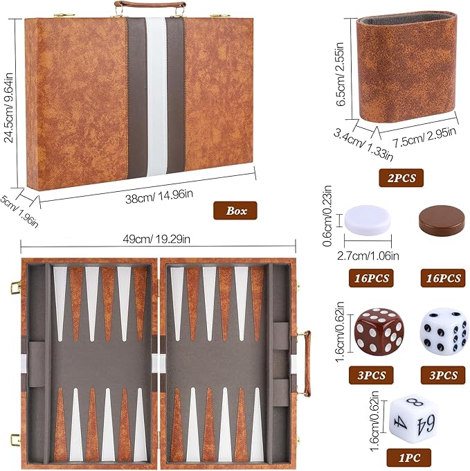 Backgammon Set, 15 Inch Portable Board Game with PU Leather Case for Adults, Brown Backgammon Travel Set