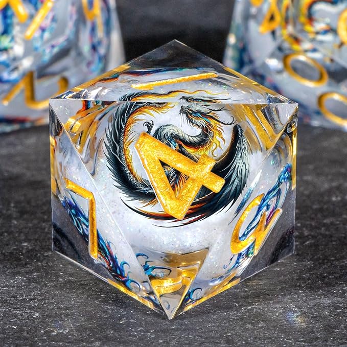 OUKELANWO Liquid Core Dragons Stickers DND Dice Set D&D, 7Pcs Dungeons D and D Role Playing Dice with Gift Box, Resin Sharp Edge Dice D20 D12 D10 D8 D6 D4, White Gold