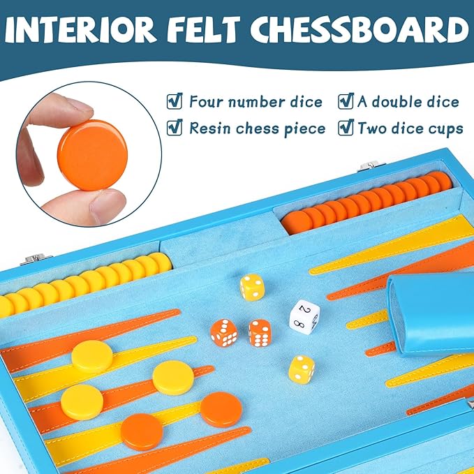 Backgammon Set, 15 Inches Classic Board Game with Leather Case, Geometric Leather Backgammon Game, Folding Portable Travel Strategy Backgammon Game Set for Adults