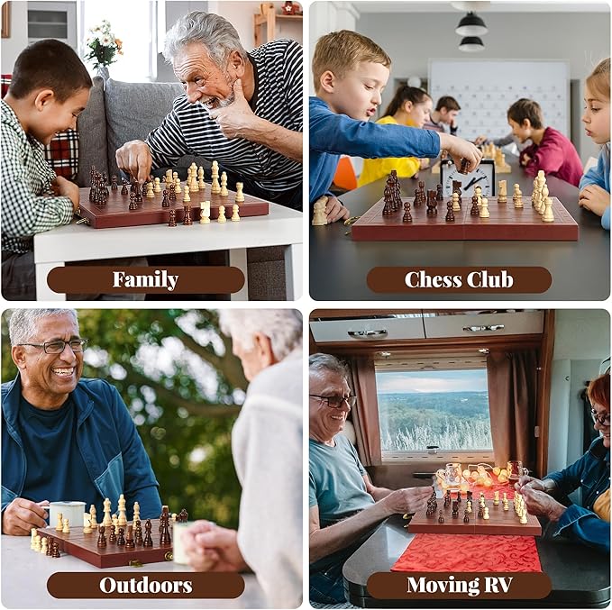 Magnetic Chess Set 15.5 Inch Chess Boards for Adults & Kids, Leather & Wooden Folding Board with Handmade Wood Pieces, Travel Chess Sets Game with Portable Handle for Beginners Professionals