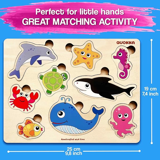 QUOKKA Wooden Puzzles for Toddlers 1-2 – 4 Set Pegged Puzzles for Kids Ages 1-2 – Animal Sea Learning Toy for Kids – Gift Realistic Educational Game for Boy and Girl