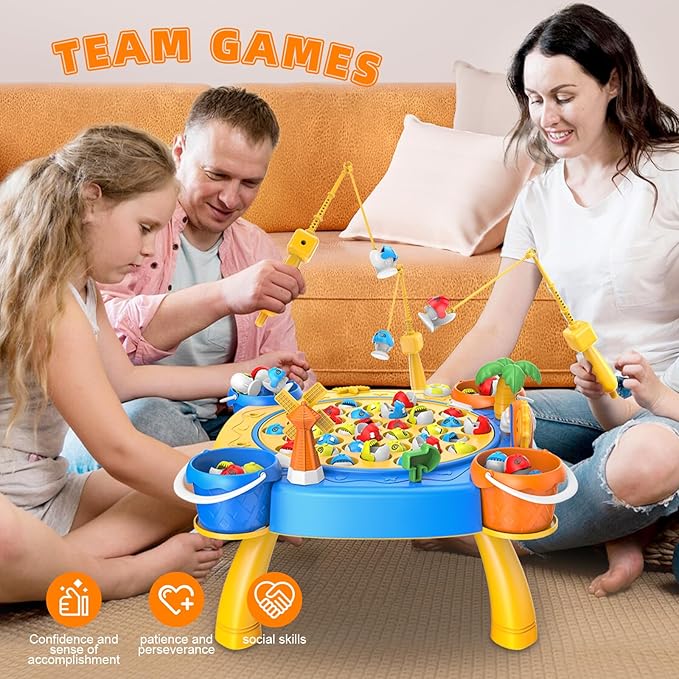 Awsoo Fishing Game Toys for 3 4 5 Year Old Boy, Toddler Toys Age 3-4, 45 Fishes and 4 Fishing Poles Rotating Board Game with Music, Birthday Gift for Toddler Boy Toys