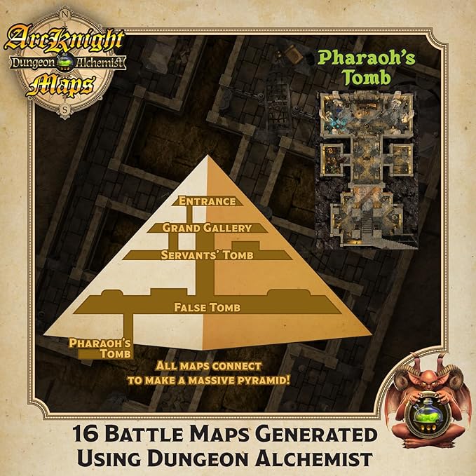 Arcknight The Pharaoh’s Pyramid map Pack - 16 Modular RPG Maps in 8 Double-Sided Pages, 1" Square Grid, Modular & Versatile Design for Tabletop Gaming - BattleMaps for Dungeons & Dragons & More