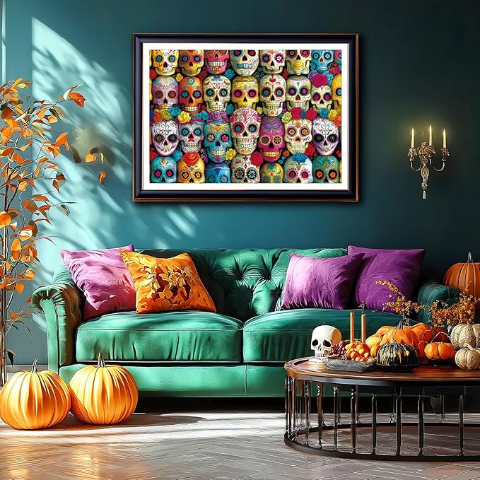 1000 Piece Jigsaw Puzzle for Adults - Vibrant Day of The Dead Sugar Skulls Colorful Mexican Folk Art Halloween Challenging 1000-Piece Puzzle 27x20 Inches Premium Adult Puzzles