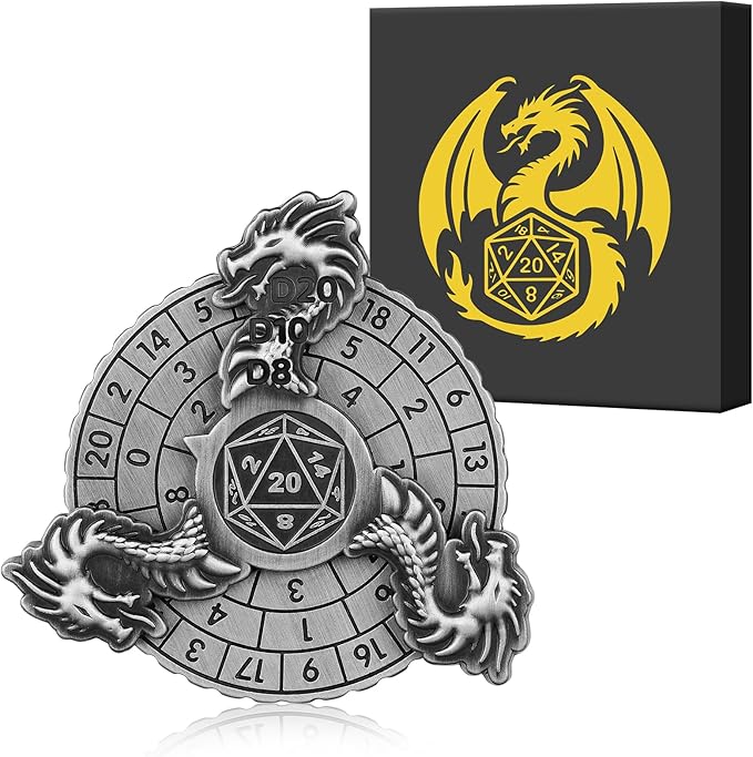 Spinner DND Dice, 7-in-1 Dragon Metallic D&D Dice, Dragon Roulette Dice Spinner for DND Dice Set, DND Gifts with Gift Box, Role Playing Board Game Accessories, DND Dice Set Gifts, Silver