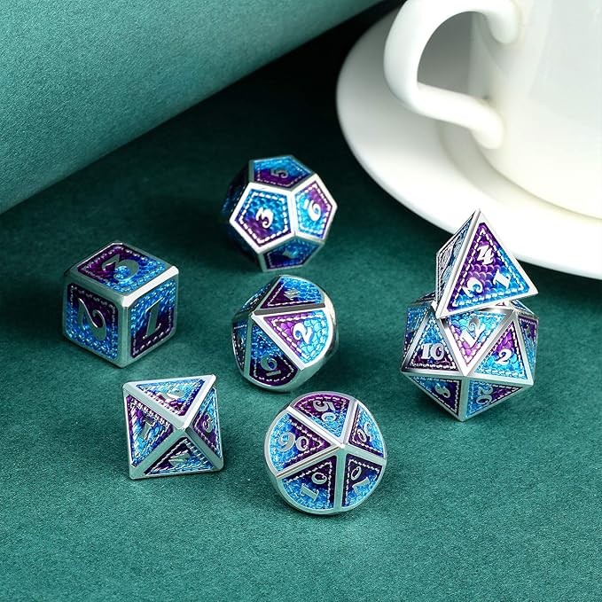 Dragon Scale Metal Dice Set D&D, DNDND 7 PCS Metallic Dungeons and Dragons with Gift Metal Case DND Dice (Blue and Purple with Silver Edge)
