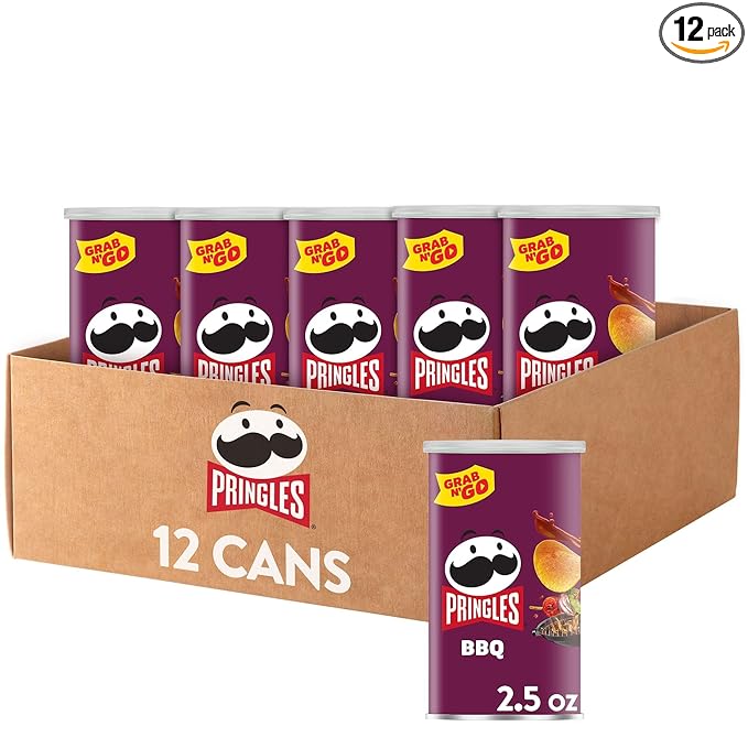 Pringles Potato Crisps Chips, Lunch Snacks, Office and Kids Snacks, Grab N' Go, BBQ (12 Cans)