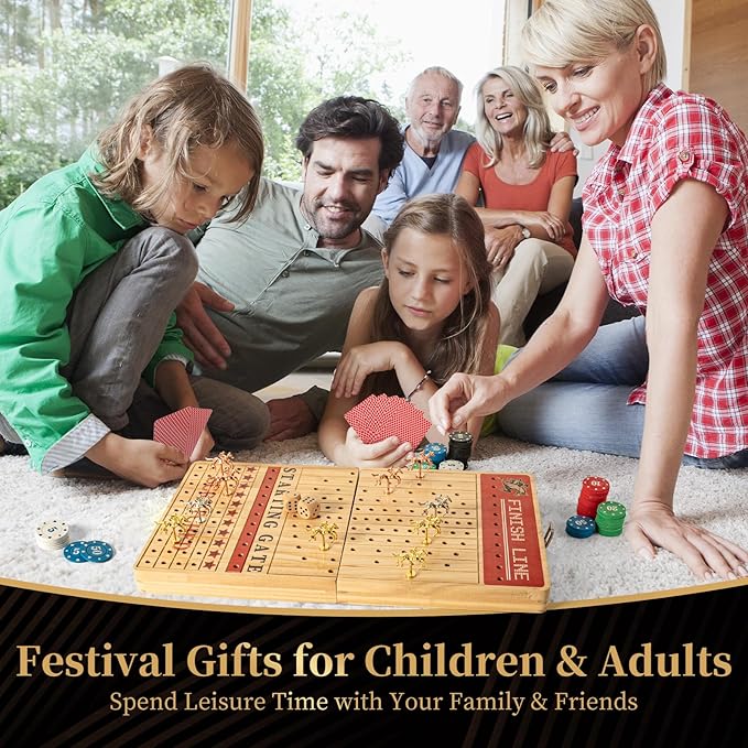 Horse Race Board Game, Large 21" Horse Racing Board Game with 11 Luxury Metal Horses, Foldable Solid Wood Horse Racing Game with Tokens, 2 Sets of Dice, 2 Boxes of Cards for Parties