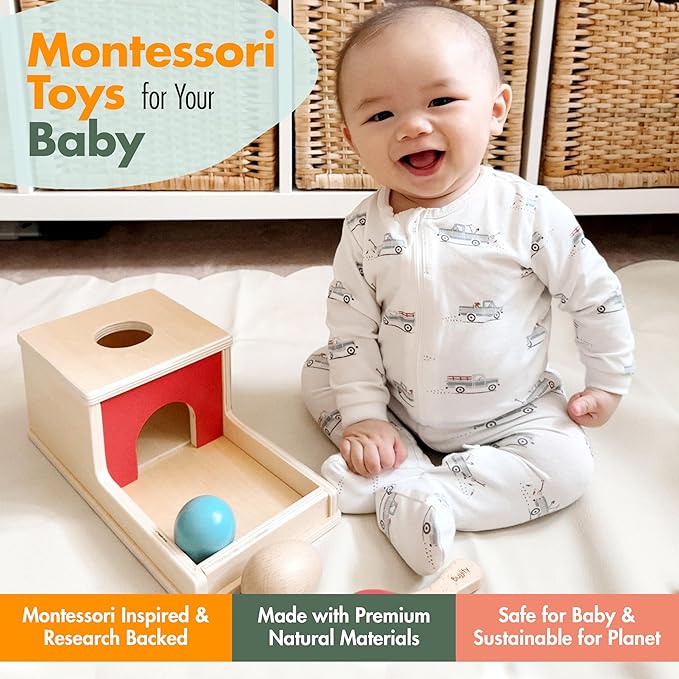 Montessori Toy Set 7-8 Months Infant Toys - Object Permanence Box, Baby Led Weaning, Feeding Set, Wooden Sensory Musical Instruments, Puzzle, Board Book, Flash Cards, Gifts Basket