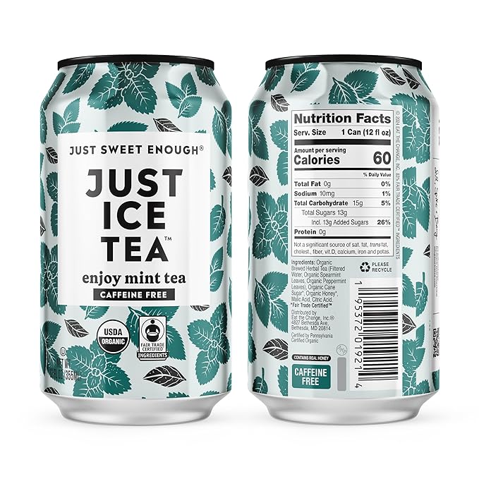 Just Ice Tea, Enjoy Mint Iced Tea, 12-Pack (12oz Cans), Caffeine Free Herbal Tea, USDA Certified Organic, Real Brewed, Low Calorie, No Artificial Sweeteners, Fair Trade, Made in USA.