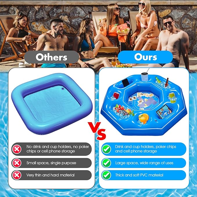 Octagonal Inflatable Game Table with Waterproof Playing Cards, Inflatable Pool Bar Games for Adults, Floating Portable Bar Table Tray for Hot Tub or Pool Beach Party