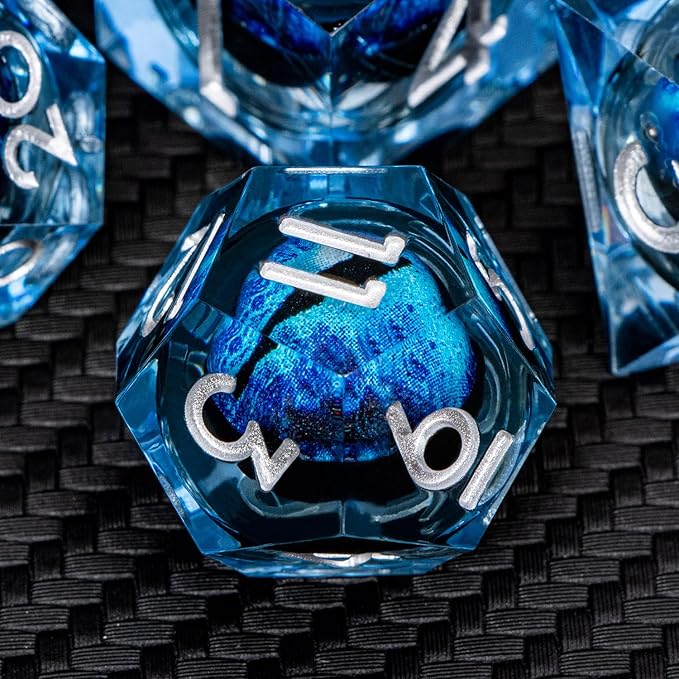 ARUOHHA DND Resin Dice Dragon Eye Dice Liquid Core Blue Sharp Edged Dice Set with Gift Box, Dungeons Polyhedral D and D Dice Set Compatible with D&D Role Playing Game D20 D12 D10 D8 D6 D4