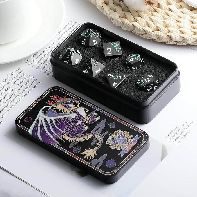 Glitter Green DND Metal Dice, DNDND 7 PCS Flower Metallic DND Dice Set with Gorgeous Gift Case for Dungeons and Dragon Tabletop Game (Matte Black with Glitter Green Flower)