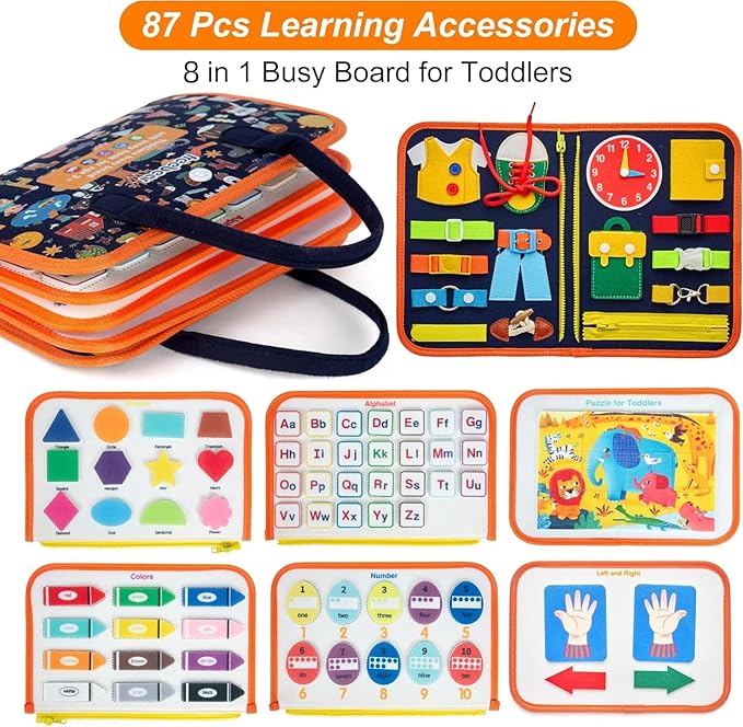 Freebear Busy Board Toddler Travel Toys Sensory Toys for Toddlers 1 2 3 4, Montessori Learning Toys for Toddlers Activities Board, Educational Toys for 3 4 Year Old Boys Girls Gift, Deluxe Classic