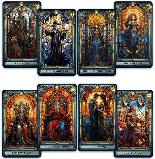 CRAFTERIAN Stained Glass Tarot Cards, 78 Tarot Deck with Foil Edges, Original Tarot Cards for Beginners and Experts with Guide Book, Fortune Telling Game, Divination Tools for All Skill Levels.