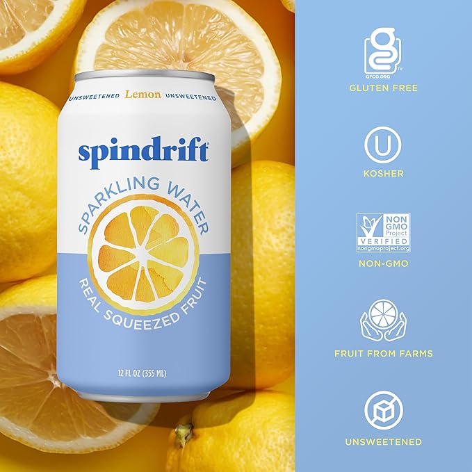 Spindrift Sparkling Water, Lemon Flavored, Made with Real Squeezed Fruit, 12 Fl Oz Cans, Pack of 24 (Only 3 Calories per Can)